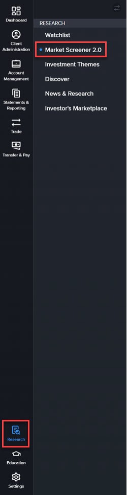 Image of the market screener from the research menu in portal. 